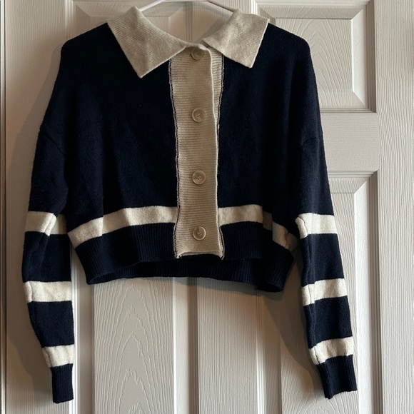 Sweaters - Navy and Cream Striped Button-Up Sweater